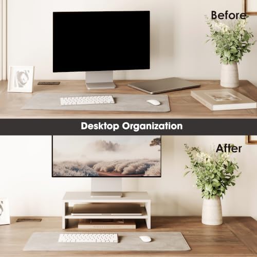 FITUEYES Wooden Monitor Stand Riser, 2-Tier Desk Storage Shelf, White - Image 4