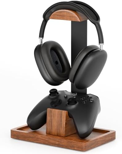 Headphone Stand and Controller Holder, 2-in-1 Walnut Wood Gaming Desk Organizer Compatible with Controllers, Display Mount for AirPods Max, Bose, Sennheiser, Gift for Gamers by Tuykay