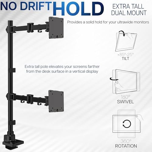 VIVO Dual Ultra-Wide Monitor Extra Tall Desk Mount for up to 49 inch Ultrawides, Clamp-on Adjustable Stand Holds 44 lbs per Screen, VESA up to 100x100mm, Black, STAND-V120T - Image 3