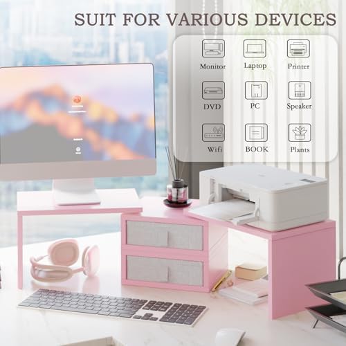 TEAMIX Pink Dual Monitor Stand Riser with 2 Drawers - Length and Angle Adjustable Double Corner Desk Shelf Organizer 37 inch for 2 Laptop/PC/Screen/TV (2 Drawers - 8''H) - Image 3