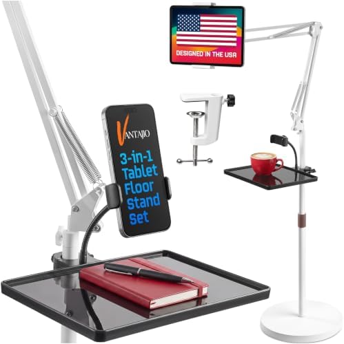 Tablet Floor Stand, 12lb Weighted Base, Tray & Phone Holder, White by Unknown
