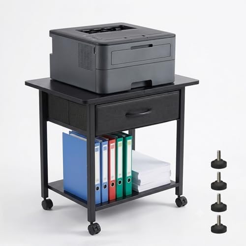 22" x 15" Under Desk Rolling Printer Stand, 2-Tier Industrial Mobile Printer Table with Strong Fabric Drawer, Storage Shelf, Steel Frame and Lockable Wheels, Printer Cart for Home Office (Black) by HUACZ