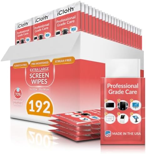 iCloth 70% Isopropyl Alcohol XL Screen and Electronics Wipes, Lint-Free, Streak-Free, Fast-Drying, Removes Dust and Fingerprints (192 Wipes) by iCloth