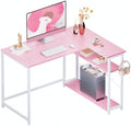 Pamray 43 Inch L Shaped Computer Desk with Reversible Side Storage Shelves, Small Corner Desk for Small Space Home Office,Writing Study Table PC Desk for Bedroom,Pink with White Leg by PAMRAY