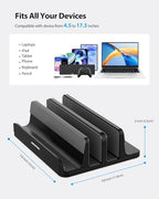 AboveTEK Vertical Laptop Stand Holder, 3 Slots Aluminum Desk Stand with Adjustable Dock Size for Tablet, MacBook, Phone - Universal Fit (up to 17.3") - Heavy Duty Polished, Anti Slide - Black - Image 3