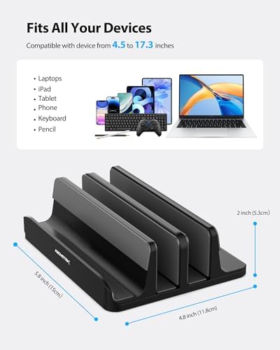 AboveTEK Vertical Laptop Stand Holder, 3 Slots Aluminum Desk Stand with Adjustable Dock Size for Tablet, MacBook, Phone - Universal Fit (up to 17.3") - Heavy Duty Polished, Anti Slide - Black - Image 3