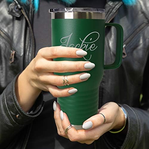 Custom Personalized 20 oz Stainless Steel Powder Coated Vacuum Insulated Double Walled Travel Tumbler Coffee Mug with Handle and Lid (Green) - Image 2