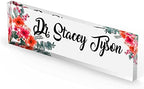 Artblox Personalized Office Desk Name Plate and Business Card Holder | Clear Acrylic Glass with Teak Wood Stand | Mixed Flowers Design Customized with Your Name and Credentials Office Desk Decor - Image 4