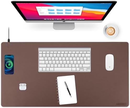 Wireless Charging Desk Mat, Mouse Pad, Brown-L, 32 * 16inch by ACOOFCGOU