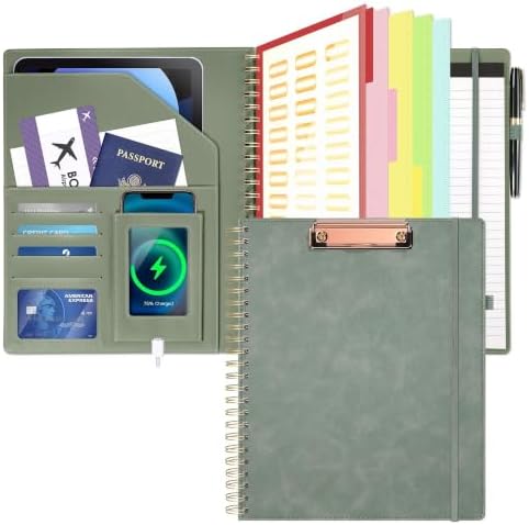 Clipboard with Storage for Men Women, Leather Padfolio Portfolio Organizer 5 Folders with 10 Pockets, Spiral Clipboard Folio with Notepad for Letter Size, Elastic Closure and Pen Loop Sage Green by OspelelfOfficeSupplies