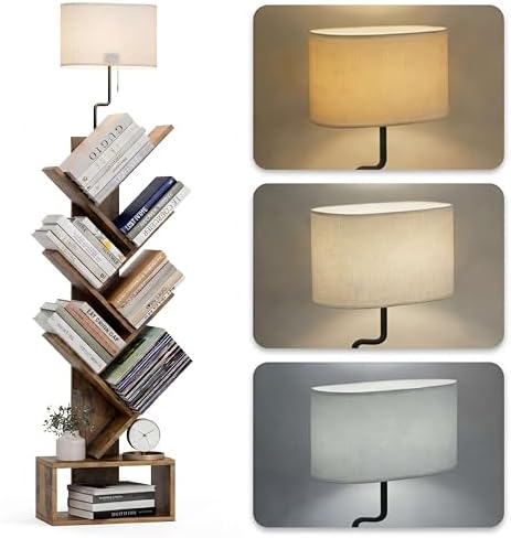 XBurmo 6 Tier Tree Bookshelf with Lights - Small Bookcase, Compact Book Tower with Drawer, Corner Bookshelf for Bedroom, Living Room and Home Office Storage, Rustic Brown by XBurmo