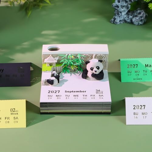 3D Calendar 2027, 3D Memo Pad Art Sticky Notes, Time Piece Calendar 2027, Creative Weekly Notepad with Light, Paper Carving Art Desktop Gift for Christmas Birthday Anniversaries (Panda Bamboo 2027) - Image 5