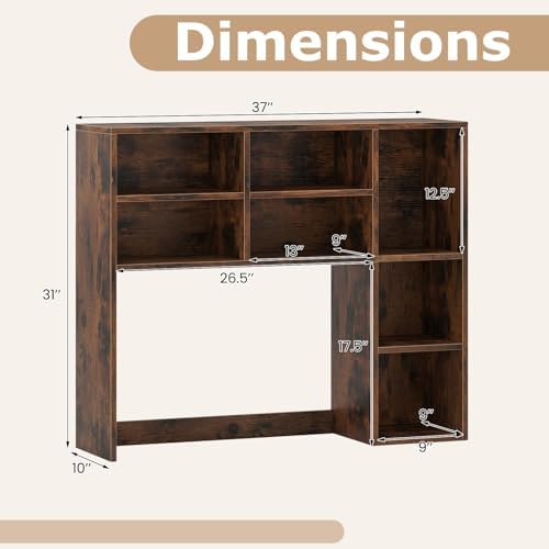 Tangkula Desktop Bookshelf, 37" Countertop Storage Hutch with 7 Cubes & 3 Adjustable Shelves, 3-Tier Desk Display Rack Organizer, Multipurpose Wood Desktop Hutch for Dorm Home Office (Rustic Brown) - Image 3