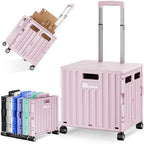 Folding Utility Cart with Lid, Portable Rolling Crate Handcart Collapsible Shopping Trolley, Durable Plastic Foldable Tool Basket with 4 Rotate Wheels for Grocery, Office, Luggage, School - Pink by Dkenicor