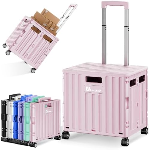 Folding Utility Cart with Lid, Portable Rolling Crate Handcart Collapsible Shopping Trolley, Durable Plastic Foldable Tool Basket with 4 Rotate Wheels for Grocery, Office, Luggage, School - Pink by Dkenicor