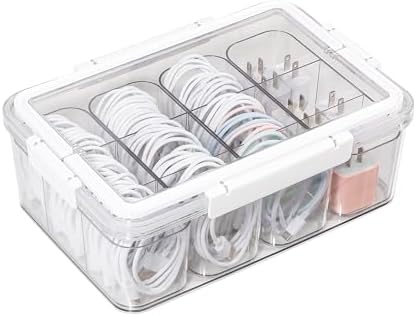 Large Cable Storage Box with Lid and Handle, Clear by GOXITAX