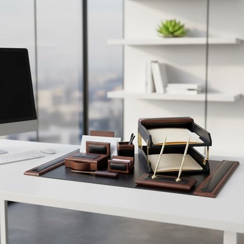 Dacasso Walnut and Black Leather Desk Set, 10-Piece, 34" x 20" - Image 6