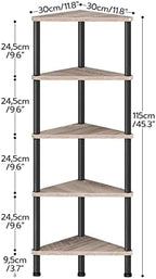 HOOBRO Corner Shelf Stand, Industrial 5-Tier Corner Bookshelf with Metal Frame, Corner Shelf Stand Display Plant Flower, Corner Bookcase for Small Spaces, Living Room, Greige and Black BG33CJ01 - Image 3