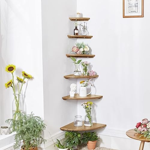 Corner Shelf,16inch Natural Oak Solid Wood Floating Corner Shelves Wall Mount Round End Floating Speaker Rack with Wire Hole for Small Plant for Bedroom Kitchen, Living Room - Image 5