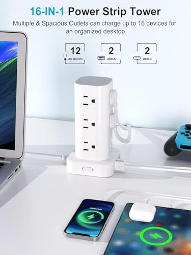 15FT Power Strip Tower Surge Protector, 12 Wide Spaced Outlets, 4 USB - Image 2
