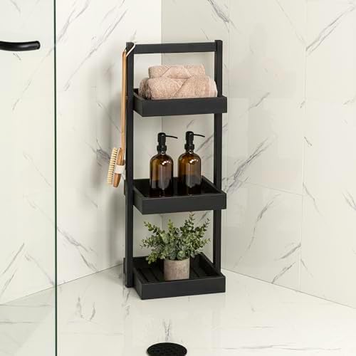 happimess Tilly 30" 3-Tier Acacia Freestanding Shower Caddy, Black - Image 2