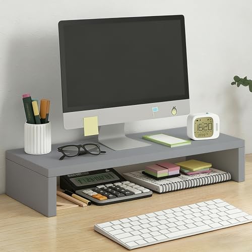 Solid Wood Monitor Stand Riser & Laptop Stand Desk Organizer - Office Accessories for PC Workspace, Computer Organization, Countertop Hutch Light Grey 19.7x7.9x3in by Unknown