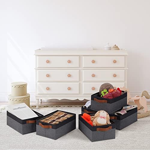 GhvyenntteS Small Fabric Storage Bins 12 Pack, 11.8" x 7.87" x 5.11" Storage Basket with Leather Handles, Closet Storage Bins for Shelves, Storage Baskets for Shelves, DVD Storage (Grey/Black) - Image 2