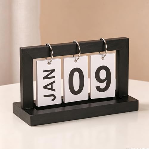 Wooden Perpetual Flip Calendar for Desk—Black Wood Finish—Modern Page Flipper with Metal Ring—Reusable Daily Date Tracker for Home Office Study or Bedroom - Image 3