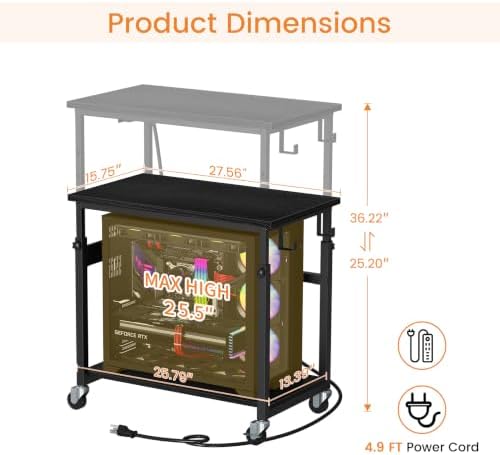 Snughome Oversized Computer Tower Stand with Extended Top & Charging Station, 25.2''-36.2'' Height-Adjustable PC Tower Stand, Rolling CPU Cart with Lockable Wheels for Office Home Gaming - Image 3