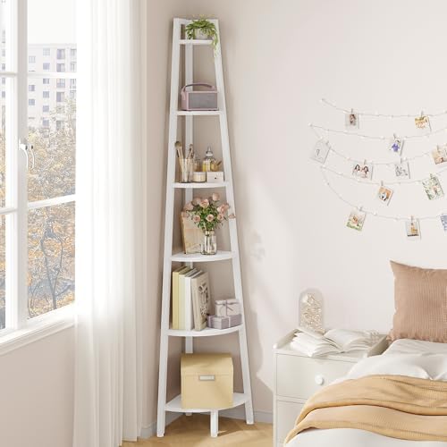 Hoctieon Corner Shelf, 6-Tier Corner Bookshelf, Rustic Ladder Shelf, Industrial Display Stand for Living Room, Kitchen, Home Office, Balcony, Small Space, Metal Frame, White - Image 6