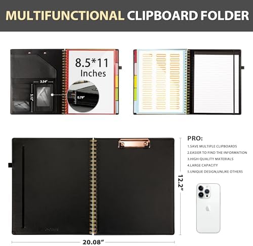 Ospelelf Clipboard with Storage for Men Women, Leather Padfolio Portfolio Organizer 5 Folders with 10 Pockets, Spiral Clipboard Folio with Notepad for Letter Size, Elastic Closure and Pen Loop Black - Image 2