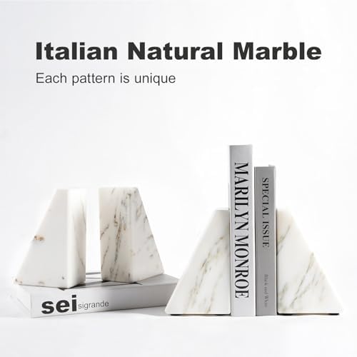 Marble Book Ends White, Heavy Duty Book Ends for Shelves, Decorative Natural Book Stopper，Unique Decorative Bookend for Home Shelves Calacatta Natural Marble Bookend, Set of 2 - Image 3