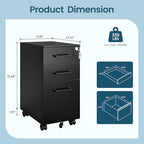 MIIIKO File Cabinet 3 Drawers on Wheels Under Desk, Black Metal File Cabinets with Lock for Home Office, Filing Cabinet with Lock(Un-Assembled) - Image 3