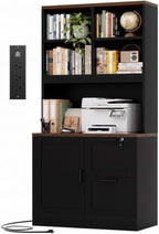 Vertical File Cabinet Bookcase with Printer Stand & Charging Station, Black by Homieasy