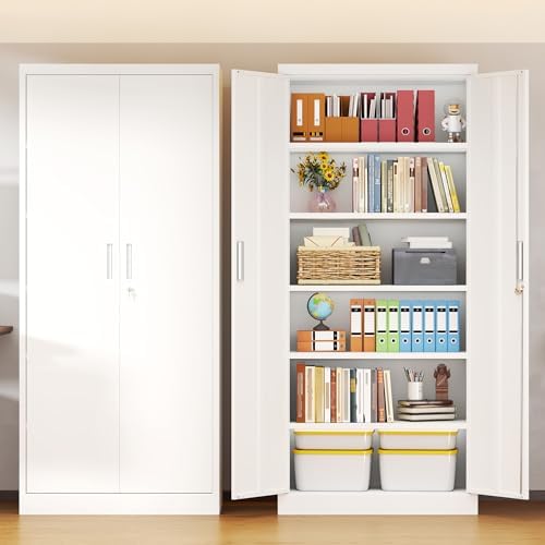 BESFUR Metal Storage Cabinets with Locking Doors and Adjustable Shelves, 71" H Steel Storage Cabinet for Garage, Office, Classroom - White - Image 4