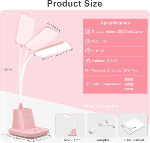 LED Desk Lamp with 10W Wireless Charging & Pen Holder, Pink - Image 6