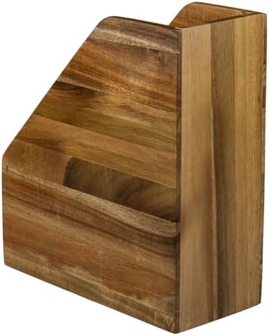 MyGift Premium Hotel Series Solid Acacia Wood Desktop Magazine File Holder Bin with Brass Tone Metal Accent, Vertical Office Desk Document Folder Binder Storage Organizer Rack (Pack of 2) - Image 7