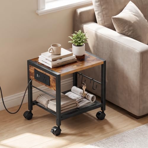 HOOBRO Industrial Printer Stand, 2-Tier Mobile Printer Table, Rolling Cart with Power Outlets and USB Ports, Home Printer Stand with 2 Hooks, for Office, Living Room, Rustic Brown BF32UPS01 - Image 3