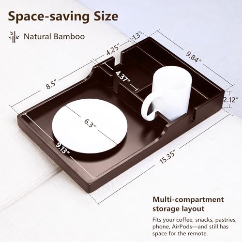 Sofa Insert Tray for Middle Seat,Bamboo Couch Table with 2 Cup Holders,Fits Armless Sofa & Sectionals,Fold-Flat Tray for Drinks,Snacks & Remotes,Brown - Image 2
