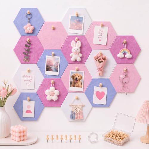 6.7 x 5.9 in 16 Pcs Hexagon Cork Board Tiles, Felt Pin Boards, Pink by Mindsoft