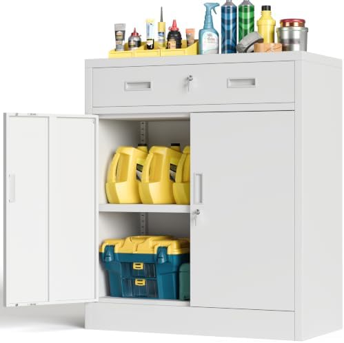 BESFUR Metal Storage Cabinet with Doors and Shelves, 36" H Locking Storage Cabinet with 1 Drawers, Reinforced Heavy Duty Metal Cabinets for Garage, Office, Home(White) by BESFUR