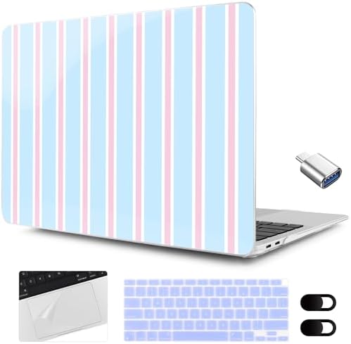 MEEgoodo for MacBook Air 13.3 inch Case 2021 2020 2019 2018 A2337 M1 A2179 A1932, Laptop Shell for MacBook Air M1 with Keyboard Webcam Cover & Trackpad Film & Type C Adapter, Pink and Blue Stripes - Image 2