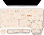Apricot Mouse Pad with Wrist Support 4 in1 Set, XXL Big Game Mousepad + Keyboard Wrist Rest + Mouse Wrist Rest Pad +Coaster Gaming Mat for Home Office Work Computer I Colorful Cute Girl's Bow by NXZGO