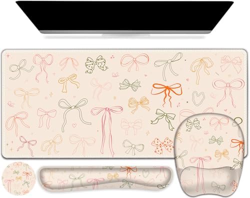 Apricot Mouse Pad with Wrist Support 4 in1 Set, XXL Big Game Mousepad + Keyboard Wrist Rest + Mouse Wrist Rest Pad +Coaster Gaming Mat for Home Office Work Computer I Colorful Cute Girl's Bow by NXZGO