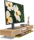 Bamboo 42” Dual Monitor Stand with Sliding Doors Desk Shelf by WELLWENG