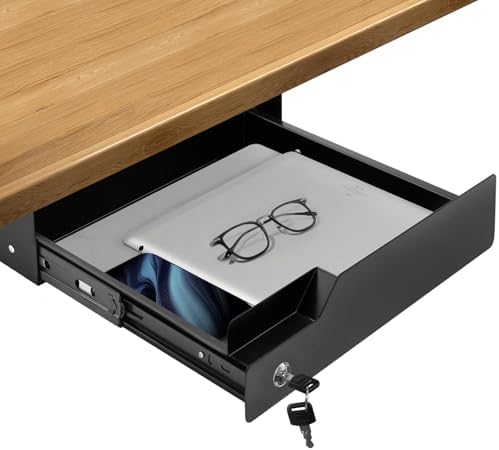 Under Desk Drawer Storage with Lock, Metal Undermount Table Drawer, Ball Bearing Slides Out Tray Organizer for Paper, Pencil, and Laptop 16"x11.8"x3.6", Black by CiaoStilista