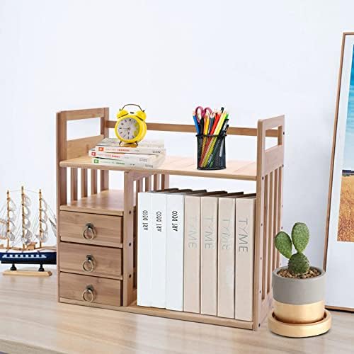 Bamboo Desk Book Shelf,Desktop Bookshelf Storage Rack Tabletop Standing Organizer Bookshelf with 3 Drawers,Freestanding Desk Bookcase for Home Dormitory Offices (Natural) - Image 2