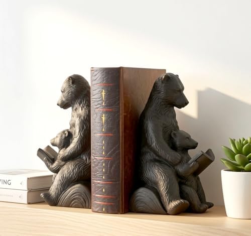 Bellaa Bear Bookends Mama Cub Reading Rustic Cabin Lodge Wildlife Vintage Decorative Book Ends for Shelves Non-Slip Base 25679 - Image 4
