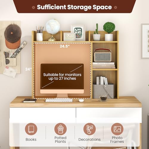 GOFLAME 5 Shelves Desktop Bookshelf, Wood Desk Hutch Dorm for Computer Desk, Countertop Display Rack, 3-Tier Desk Storage Organizer Shelf for Dormitory, Home Office, Study, Burlywood - Image 4