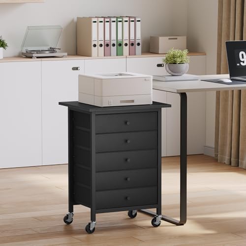 MAHANCRIS 5 Drawer File Cabinet,Rolling Filing Chest Cabinet with Wheels, Under Desk Storage Organizer, Printer Stand with Non-Woven Fabric Drawer, for Home Office, Study, Black FCBK4801 - Image 4